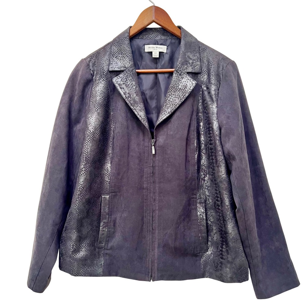 Studio Works Petite Gray Snake Print Faux Suede Zip Front Jacket Womens 12P‎